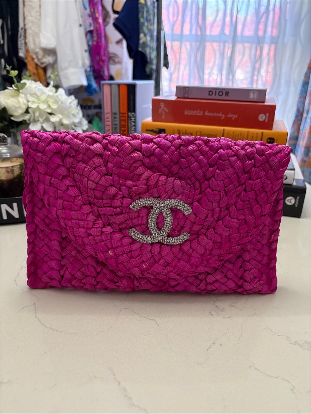 Fuchsia Woven Raffia Clutch with Crystal CC Emblem